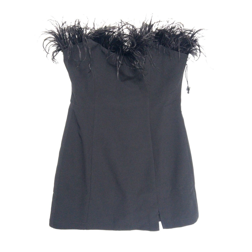 ASTR Raven Feather Trim Satin Strapless Rave Glam Going Out Party Dress Womens M